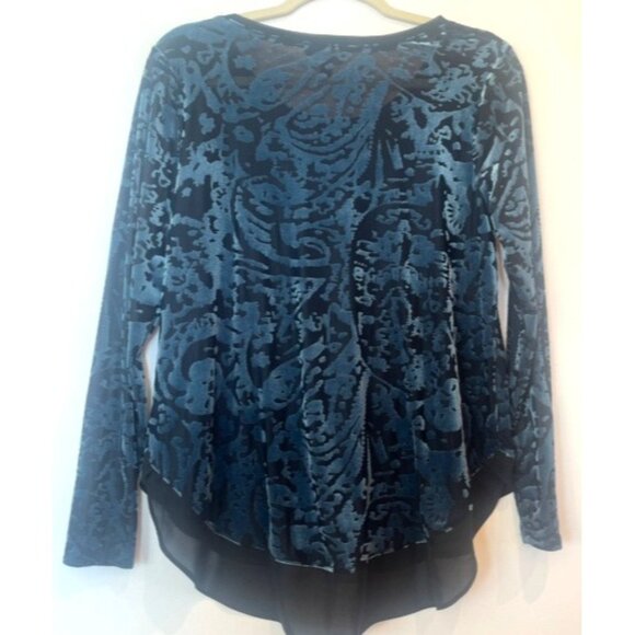 Simply Vera Wang Burnt Out Velvet Chiffon Tunic Blouse Blue Black Trim Pm Gothic - Picture 7 of 15